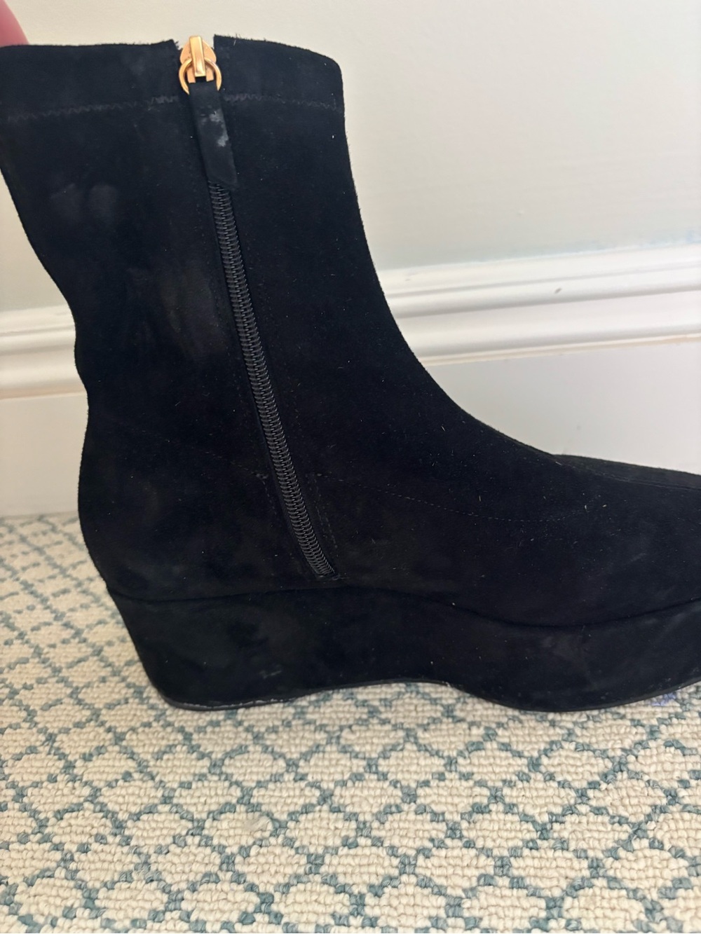 Larroude Black Suede Wedge Ankle Boots with Gold Zipper Detail